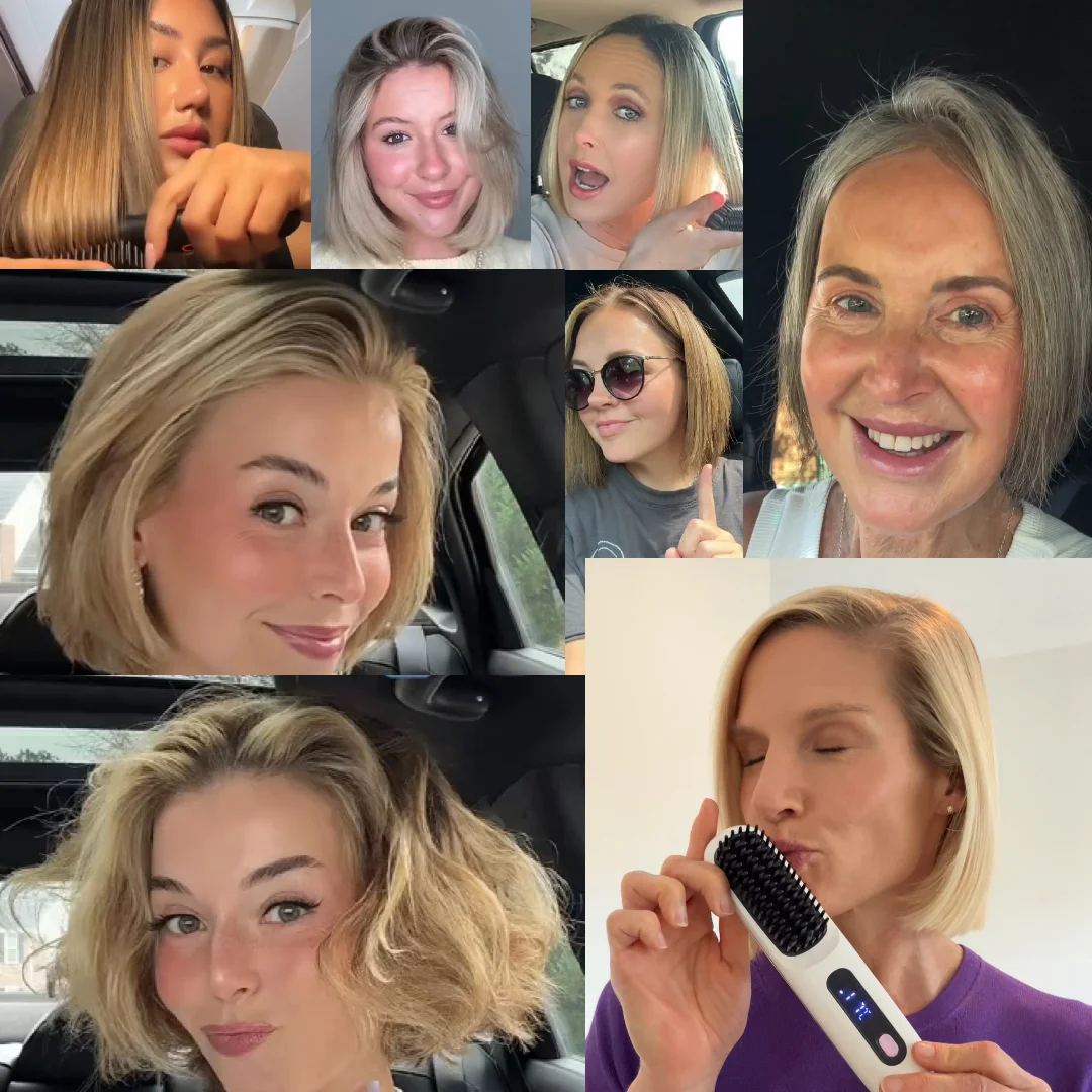 A collage of women with short, styled blonde and gray hair, some holding a heated hairbrush.