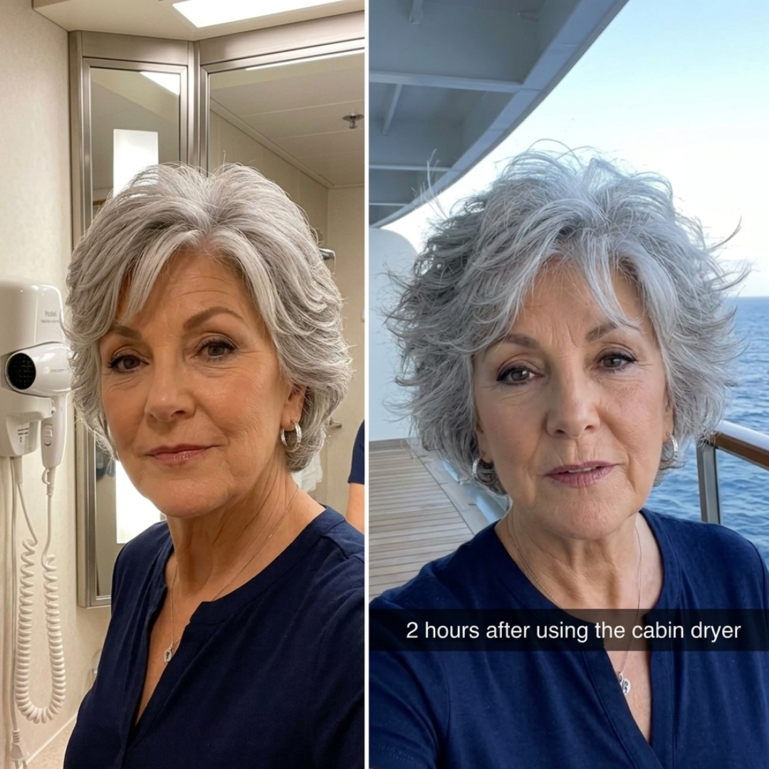 A before and after image showing a woman's styled gray hair becoming frizzy and voluminous outdoors.