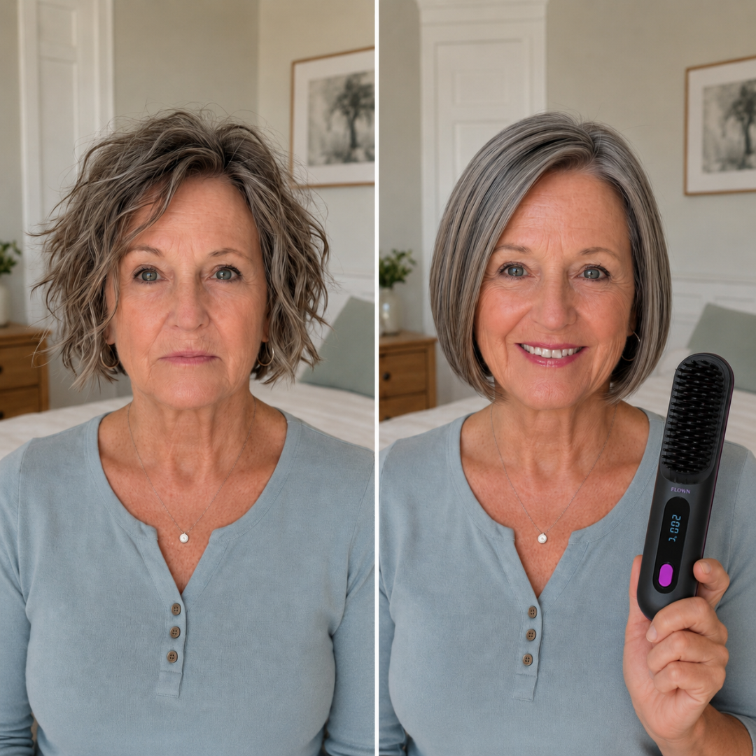 A before and after image showing a woman's gray hair styled from wavy to a smooth, straight bob.