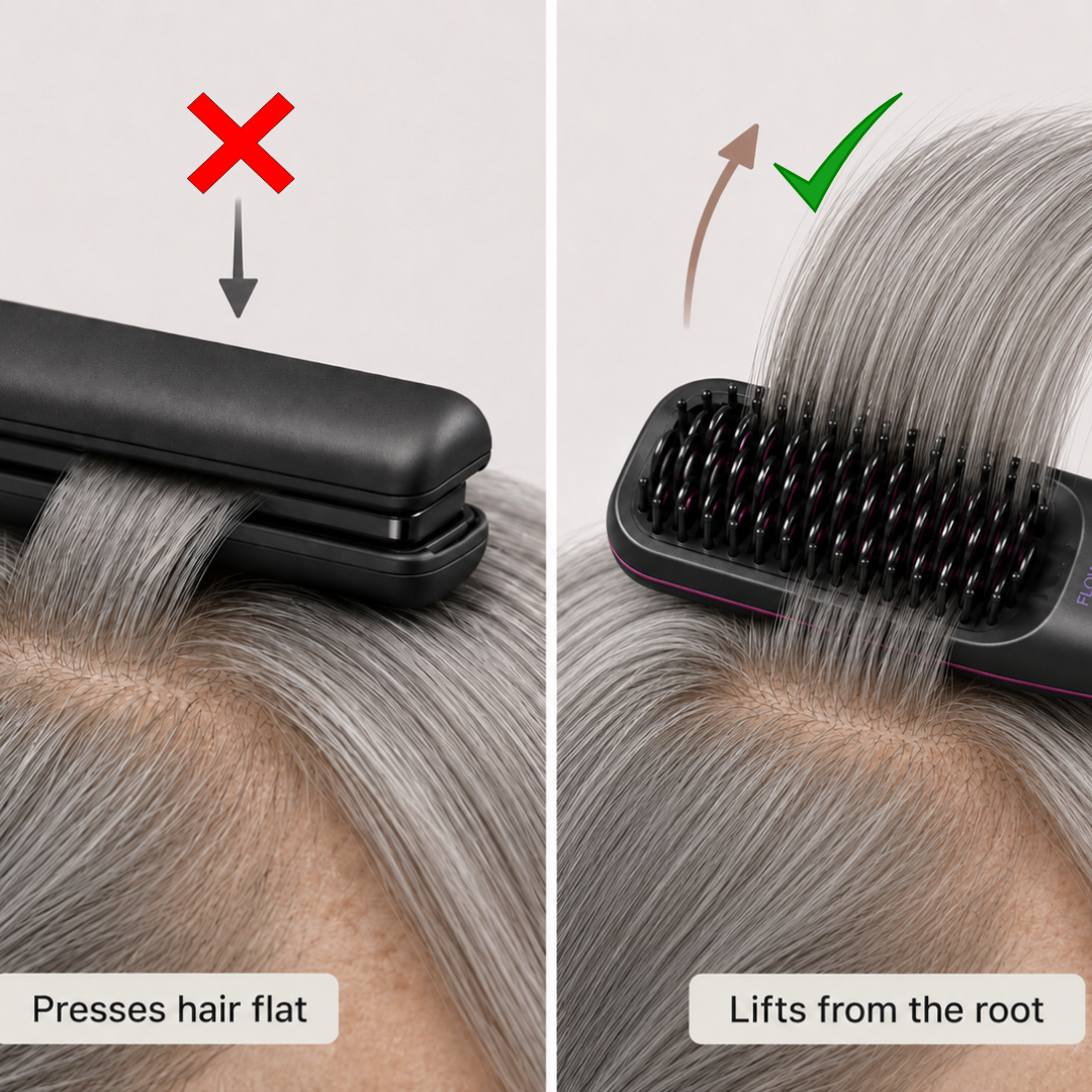 A split image contrasting a flat iron pressing hair flat versus a heated brush lifting hair from the root.