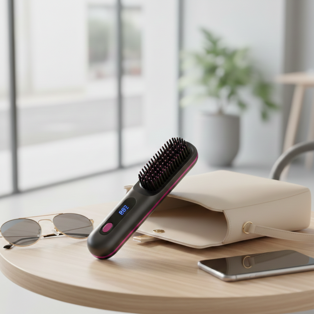 A black and pink hair straightening brush sits on a table next to a purse and sunglasses.
