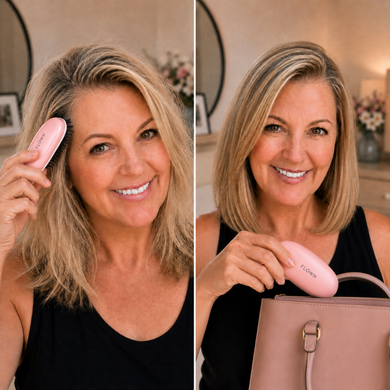 A before-and-after image of a woman styling her hair with a pink brush, resulting in a smoother look.