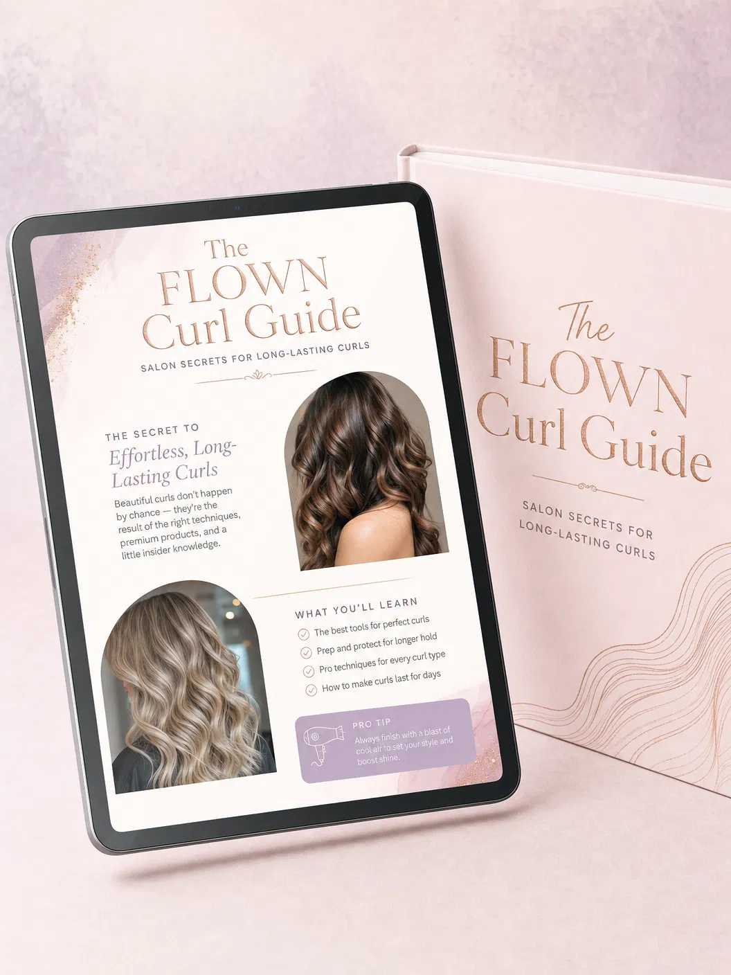 A tablet displaying 'The FLOWN Curl Guide' resting against the physical, hardback book version.
