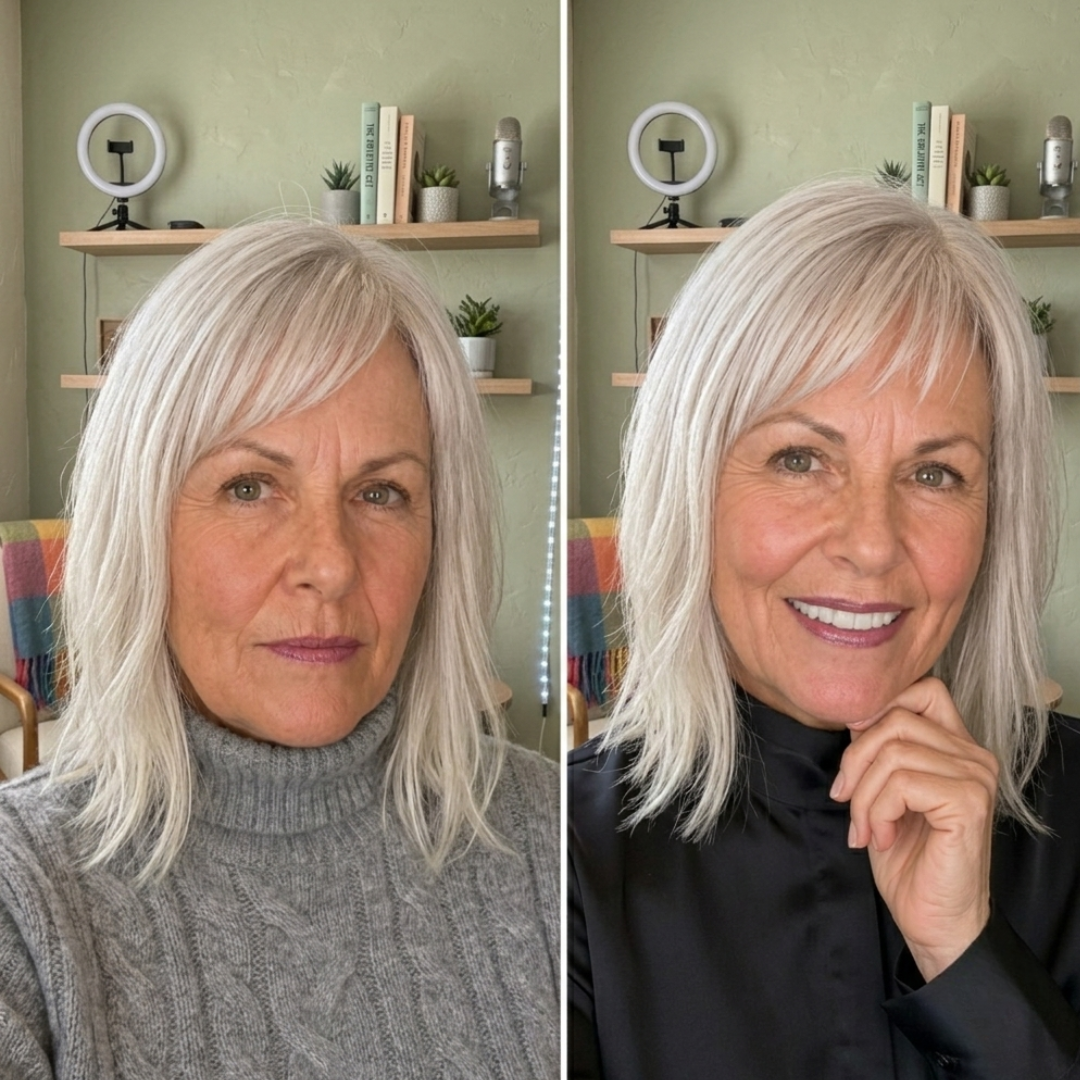A before-and-after photo of a woman with grey hair, showing a change in clothing and makeup.