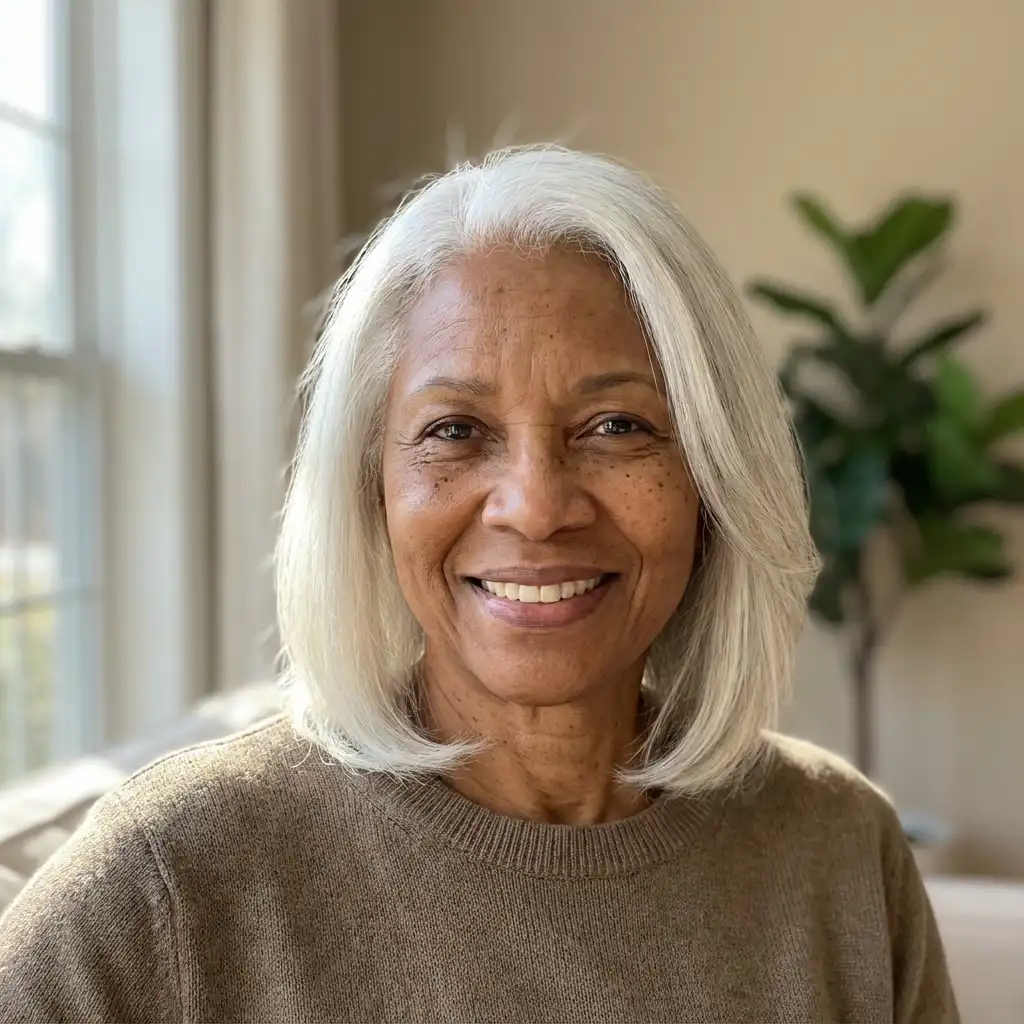 A close-up portrait of a smiling older woman with shoulder-length gray hair, wearing a brown sweater.