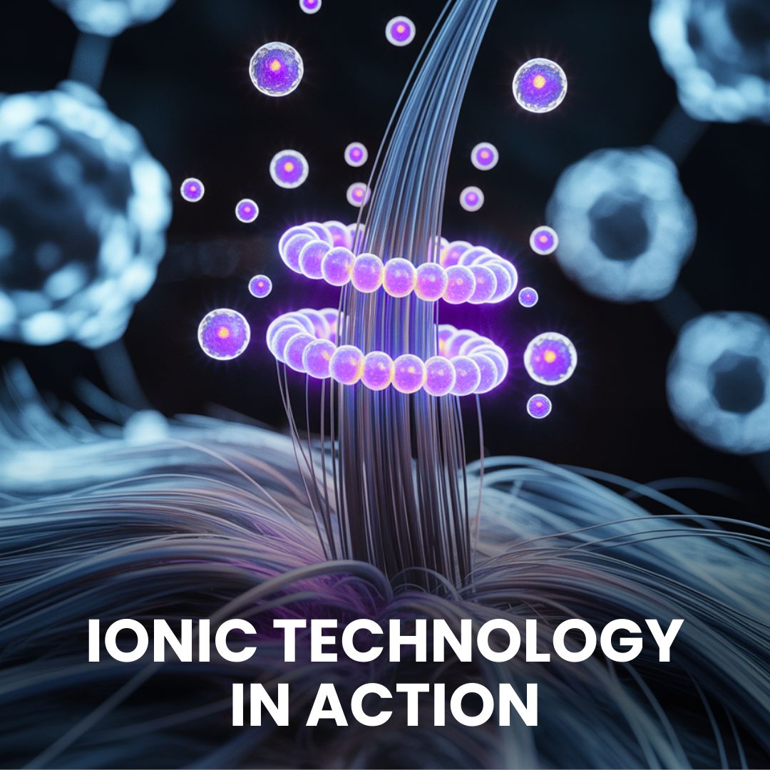 A computer illustration of purple ions surrounding hair strands, with text reading 'Ionic Technology in Action'.