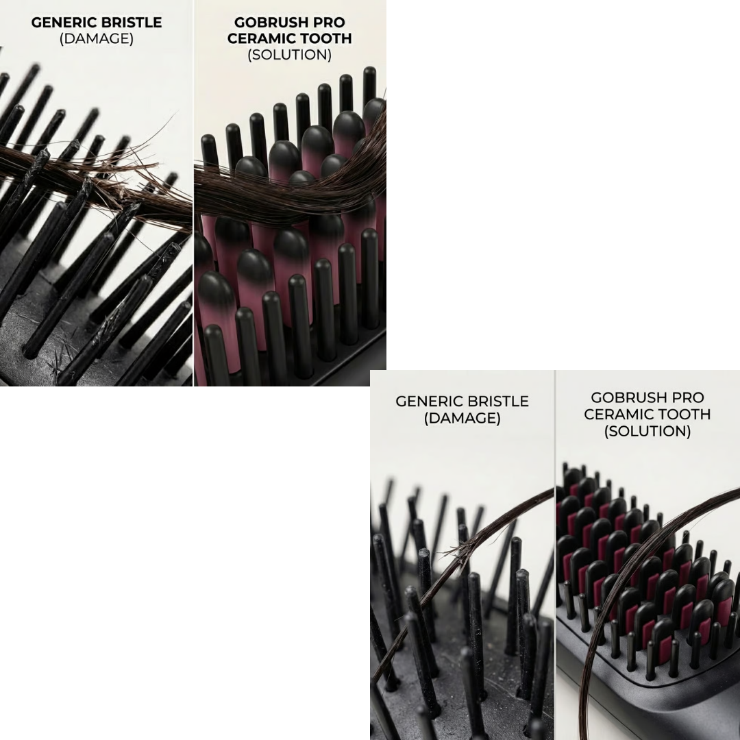 A side-by-side comparison showing a generic brush damaging hair versus a GoBrush Pro brushing hair smoothly.
