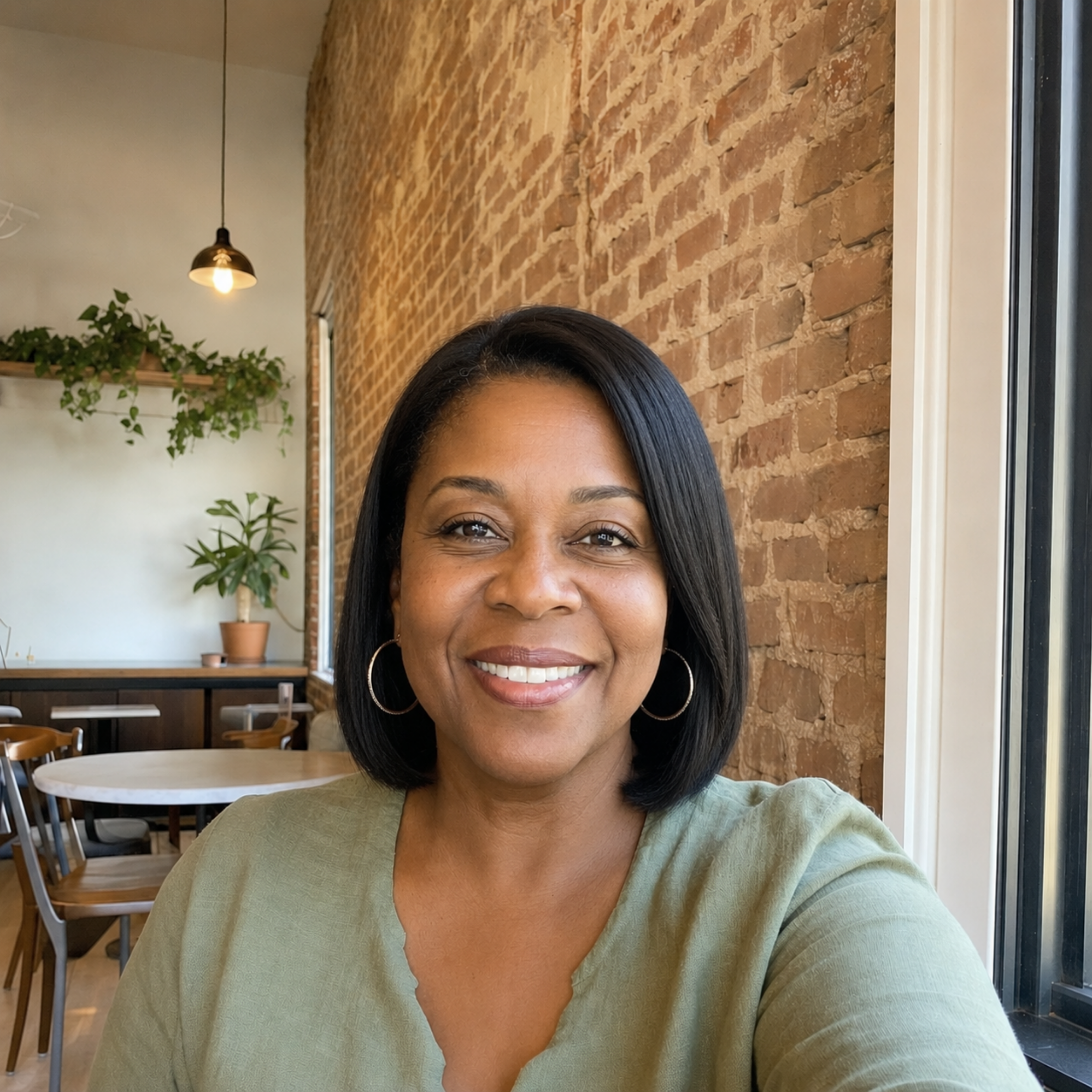 A smiling woman with dark hair in a green shirt sits indoors in front of a brick wall.