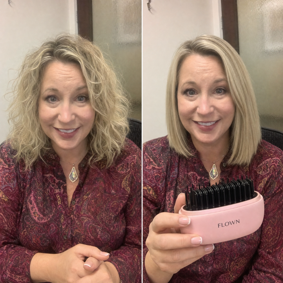 A before-and-after photo of a woman with curly hair, then straight hair holding a pink brush.