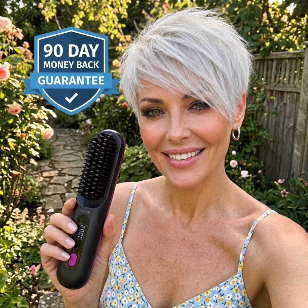 A smiling woman with short white hair holds a heated hairbrush in a garden.