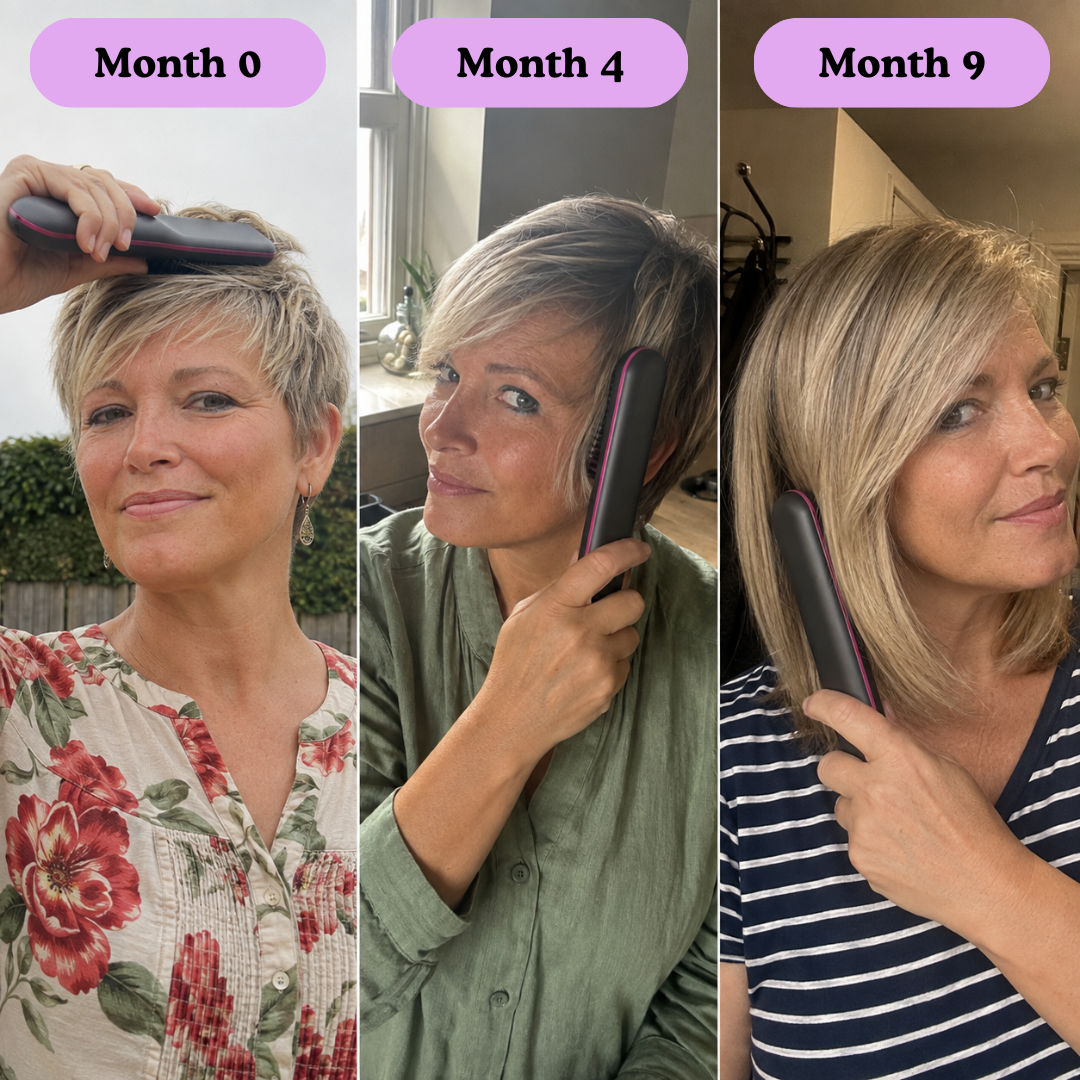 A collage of three photos showing a woman's hair growing longer over a nine-month period.