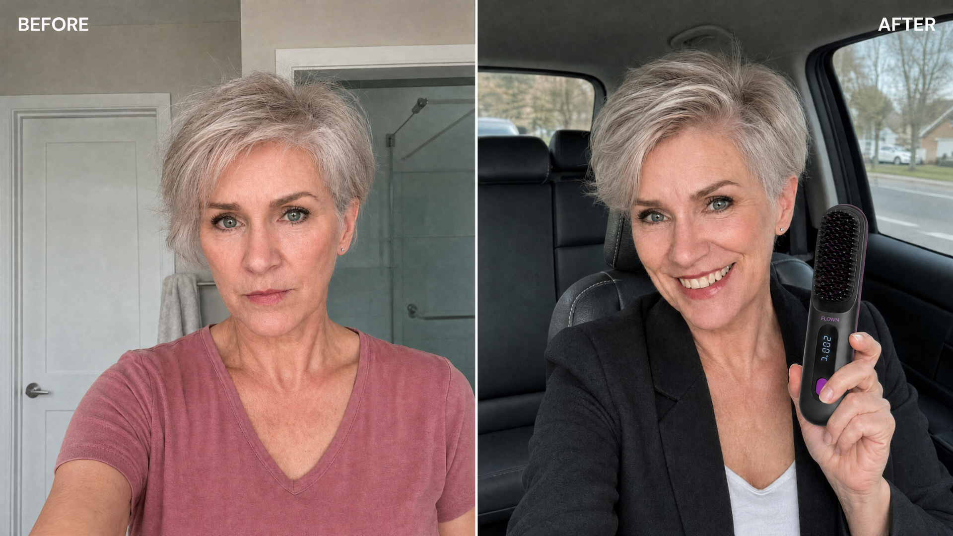 A before-and-after photo of a woman with short gray hair, styled using a heated hairbrush she is holding.