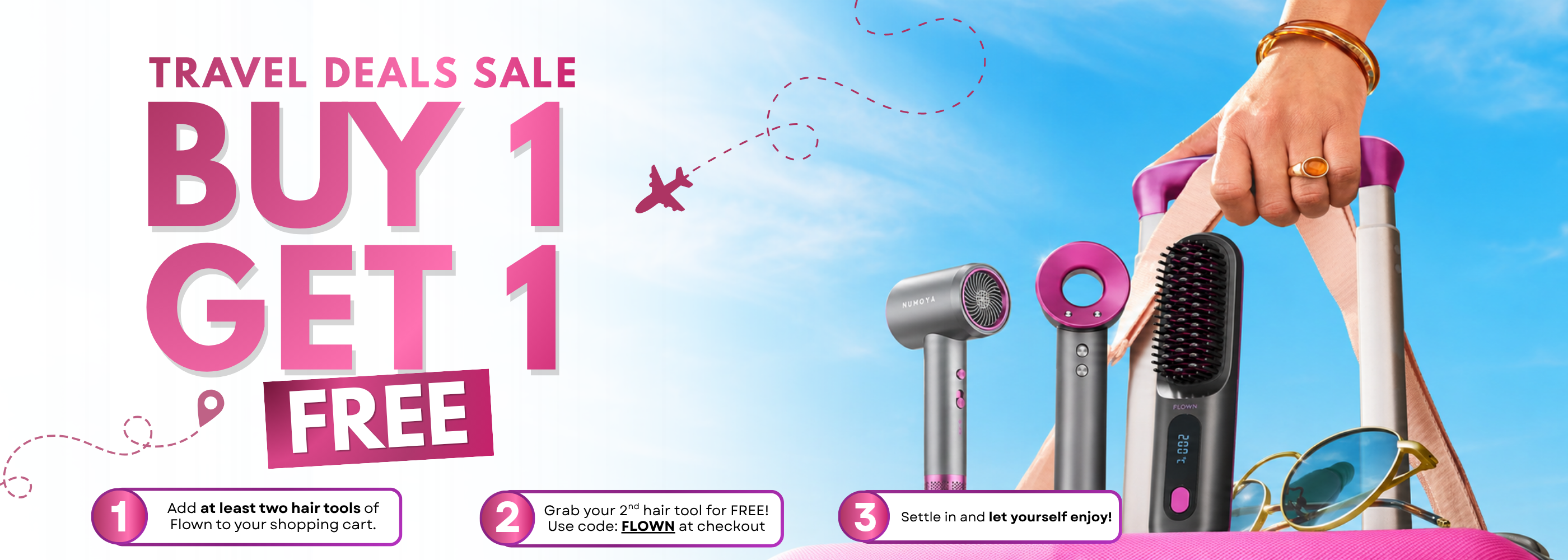 Advertisement for a travel deals sale on hair tools, showing a suitcase with the offer 'Buy 1 Get 1 Free'.