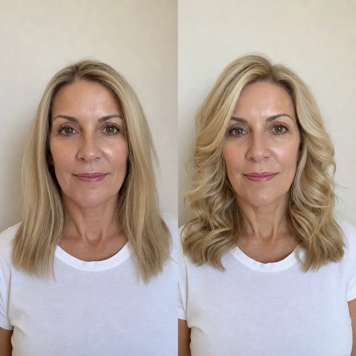 A before and after diptych of a woman with straight hair on the left and styled, wavy hair on the right.