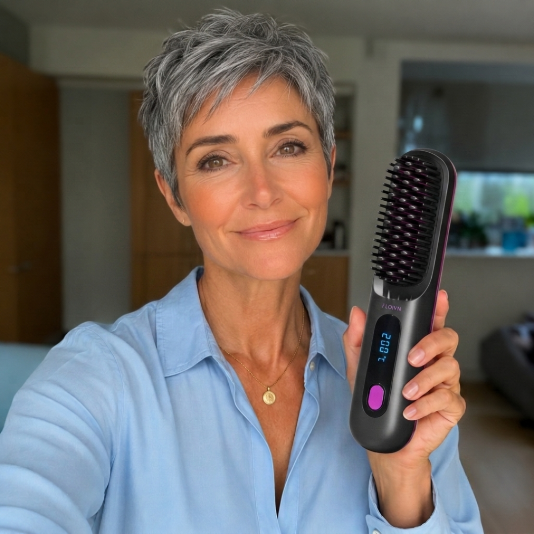 A woman with short gray hair smiles while holding a black heated hairbrush.