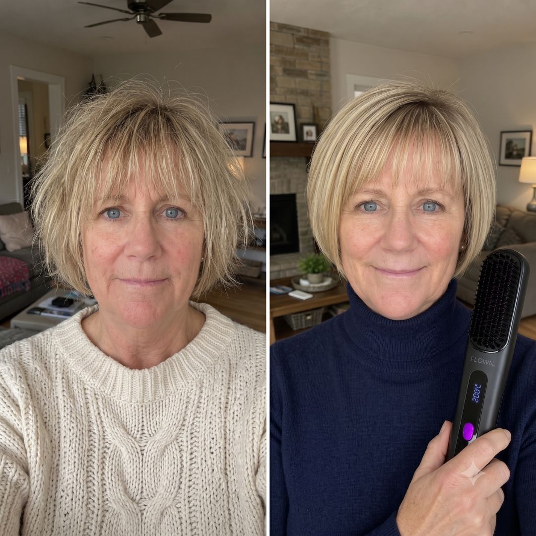 A before and after photo of a woman with messy hair on the left and smooth hair on the right.