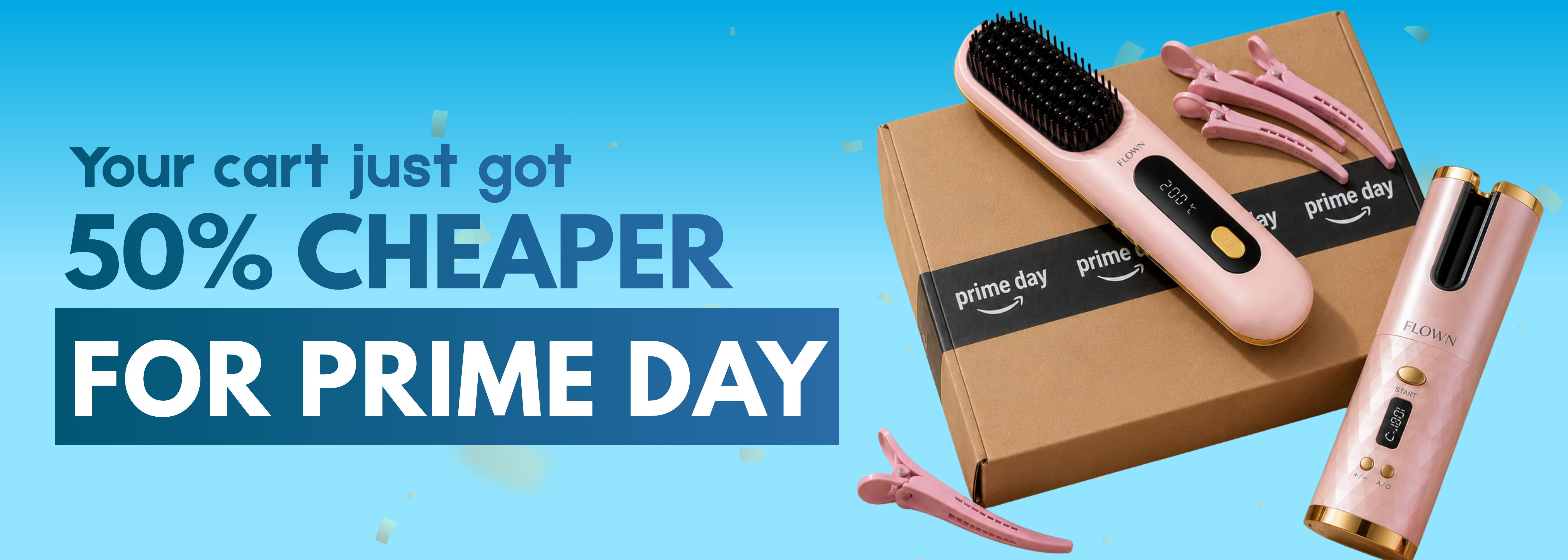 A Prime Day sale banner showing 50% off hair styling tools on a Prime Day shipping box.