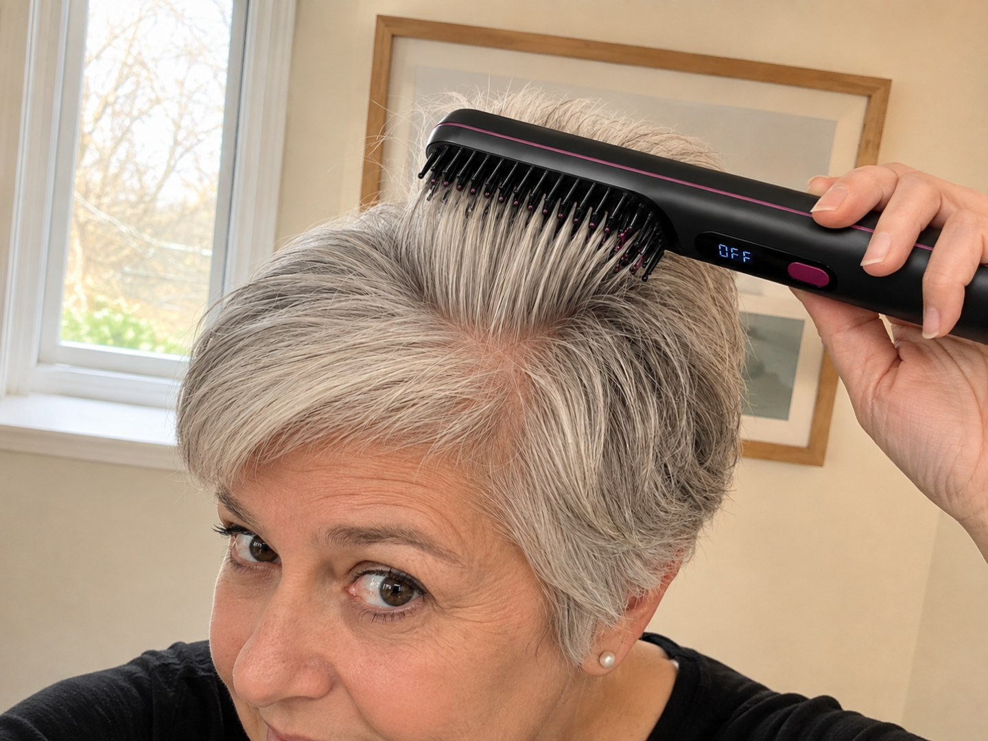 A woman with short, grey hair uses a black heated styling brush on her hair while looking at the camera.