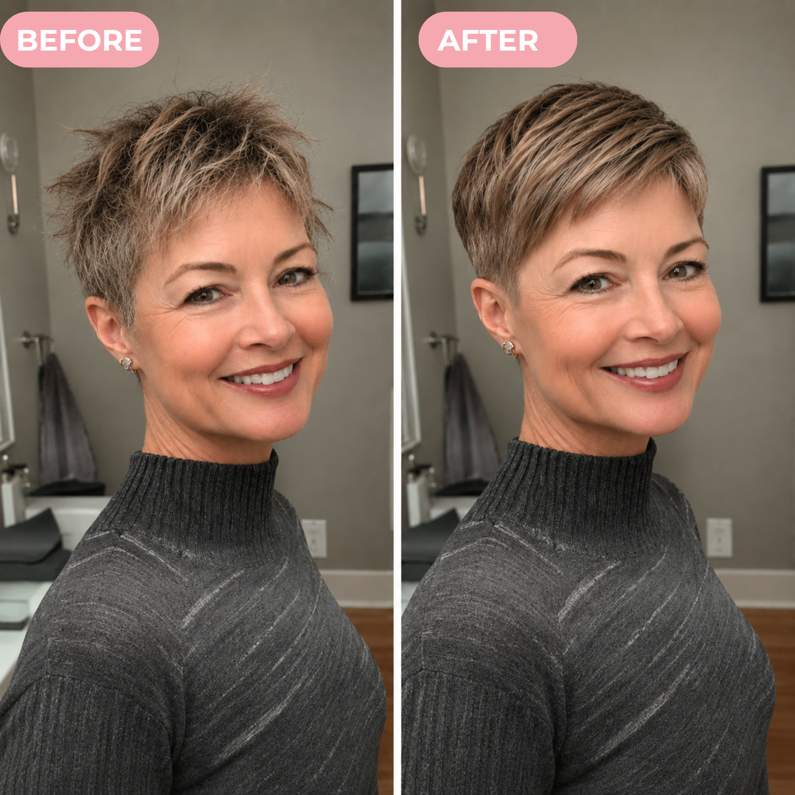 A side-by-side before and after image of a woman who has had her hair cut into a bob.