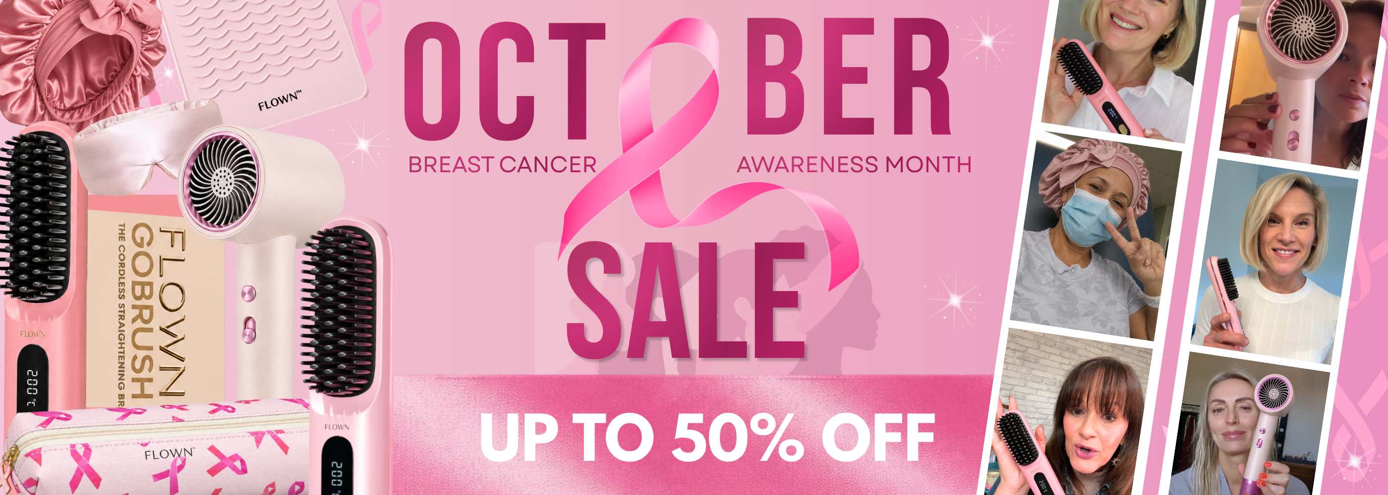 A promotional banner for an October sale on pink hair products for Breast Cancer Awareness Month.