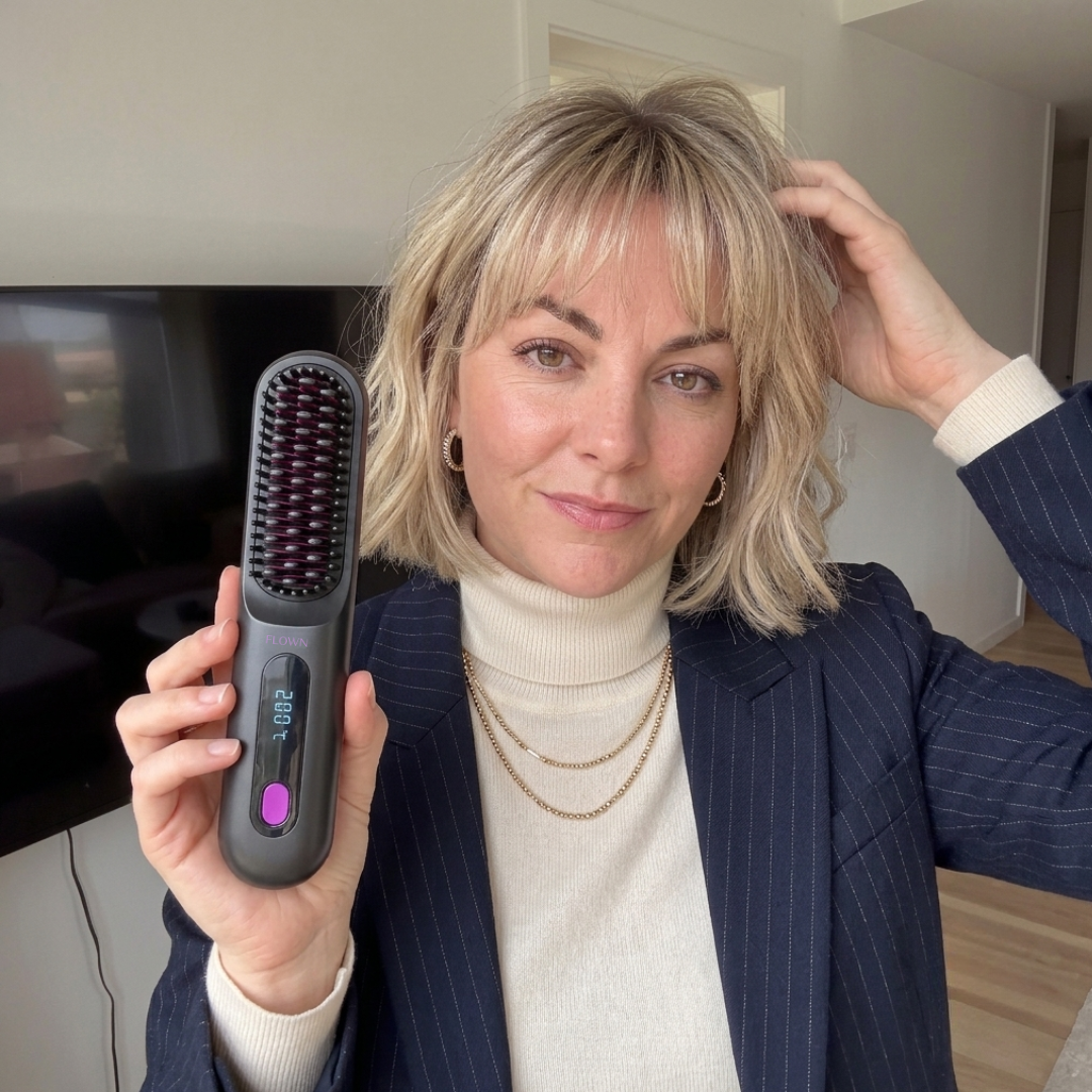 A woman with blonde hair holds up a hair straightening brush while touching her hair.