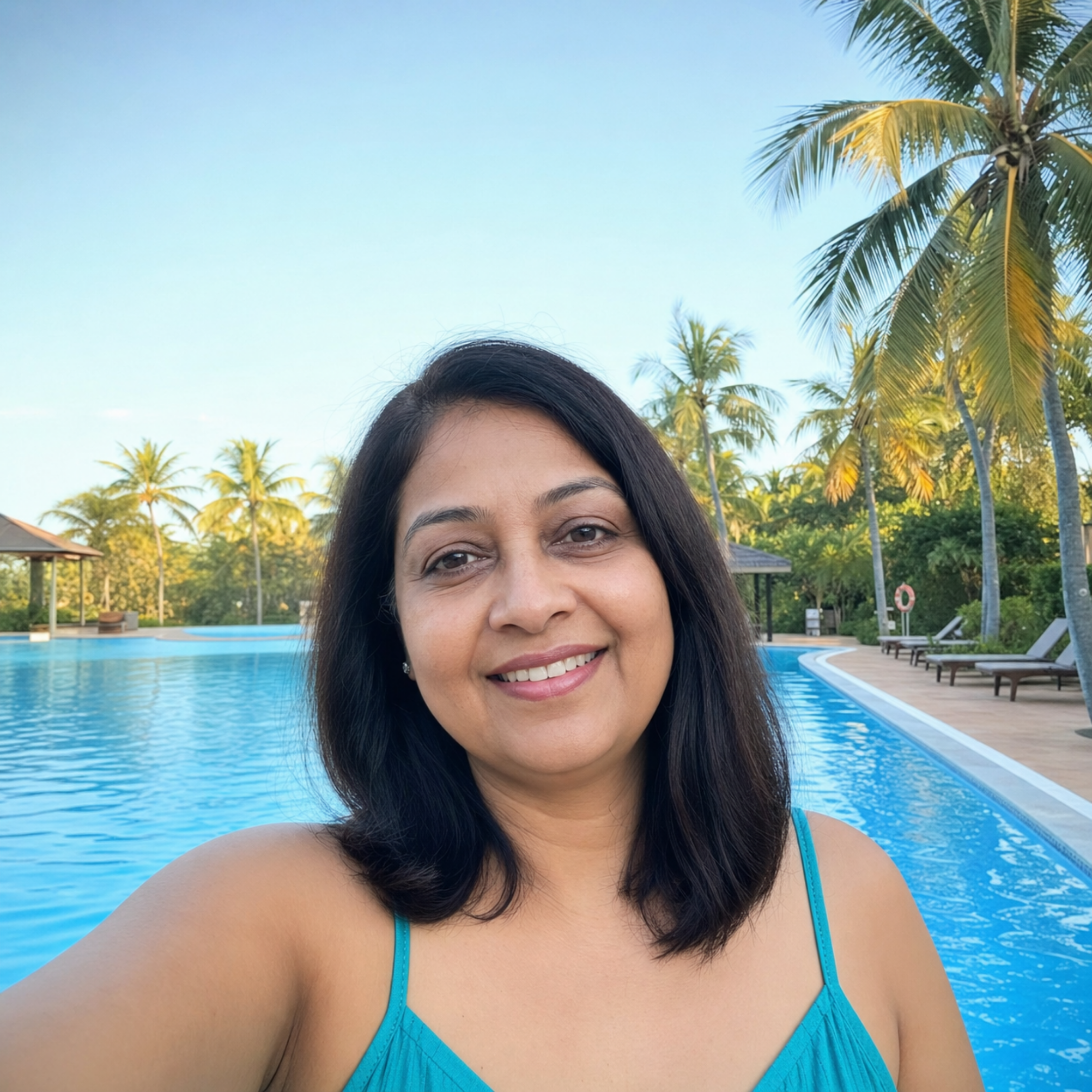 A smiling woman takes a selfie in front of a swimming pool with palm trees in the background.