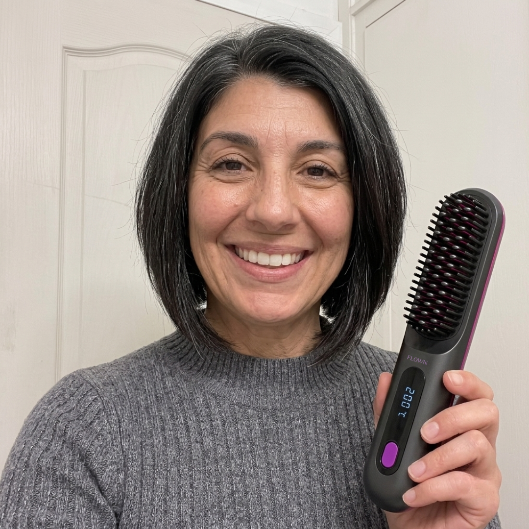 A smiling woman with dark hair holds up a heated hair straightening brush.