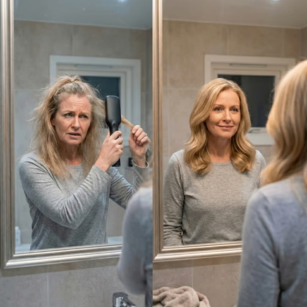 A before-and-after split image of a woman styling her frizzy hair until it is smooth.