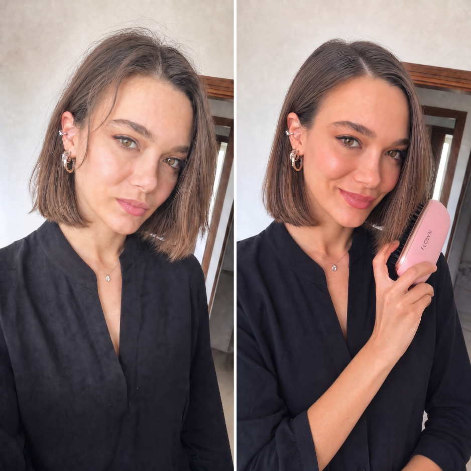 A before-and-after image of a woman with a bob, showing her hair messy then smooth while holding a brush.
