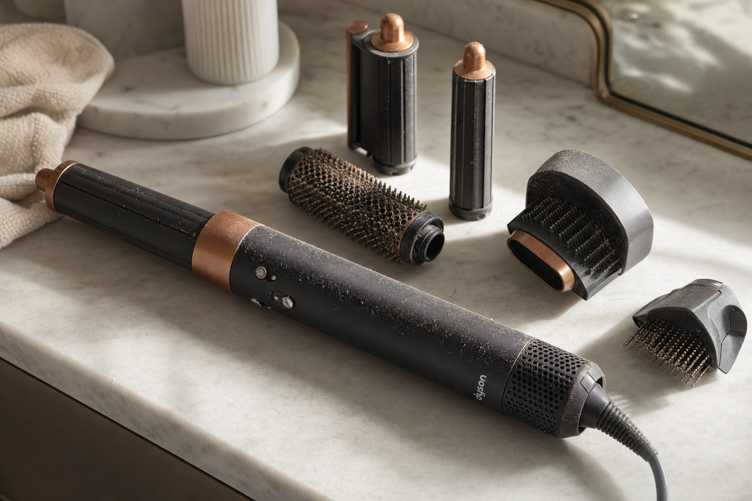 Styler costoso abbandonato sul bancone del bagno