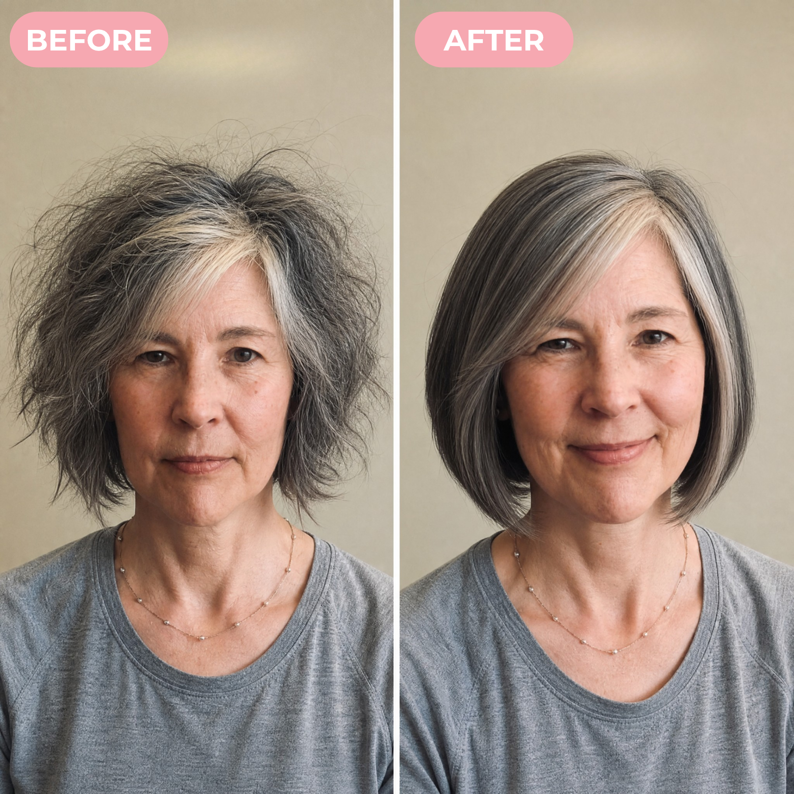 A before-and-after split image of a woman, first with messy hair and then with smooth, styled hair.