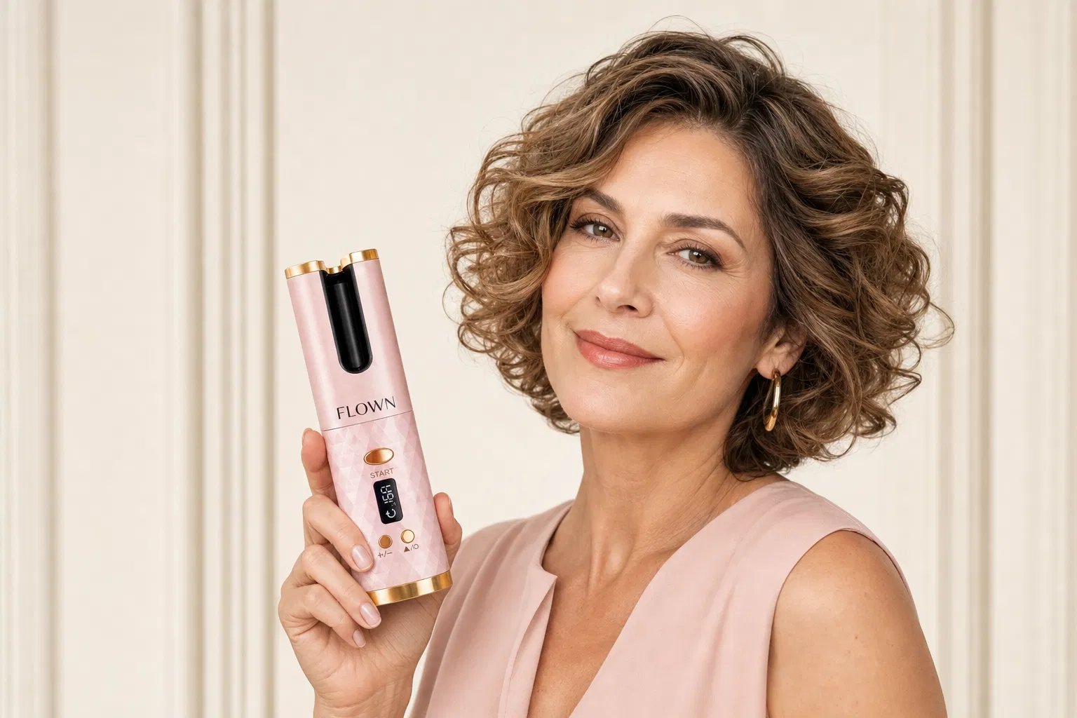 Donna elegante che tiene il Novaricci PRO con un sorriso sereno