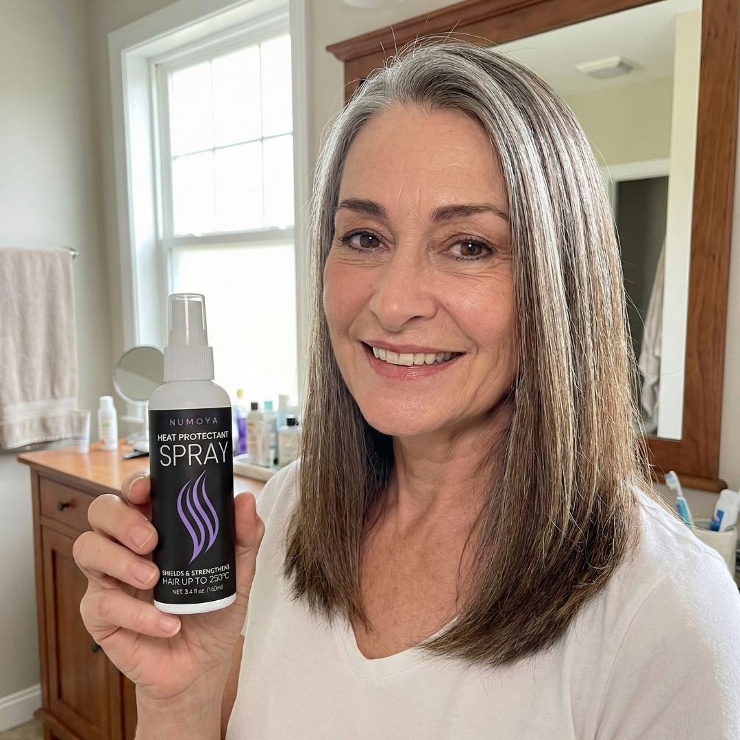 A smiling woman with grey and brown hair holds up a bottle of Numoya heat protectant spray.