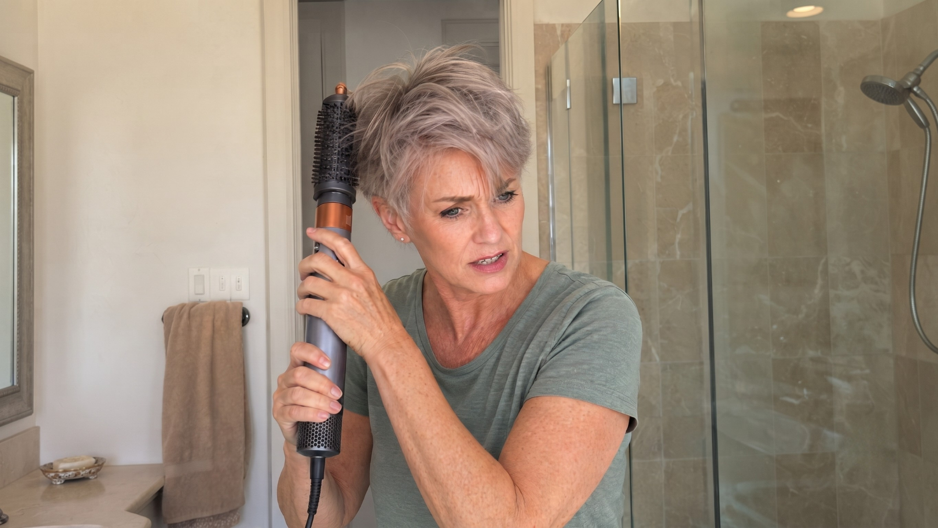 A woman with short gray hair uses a round hair dryer brush to style it in a bathroom.