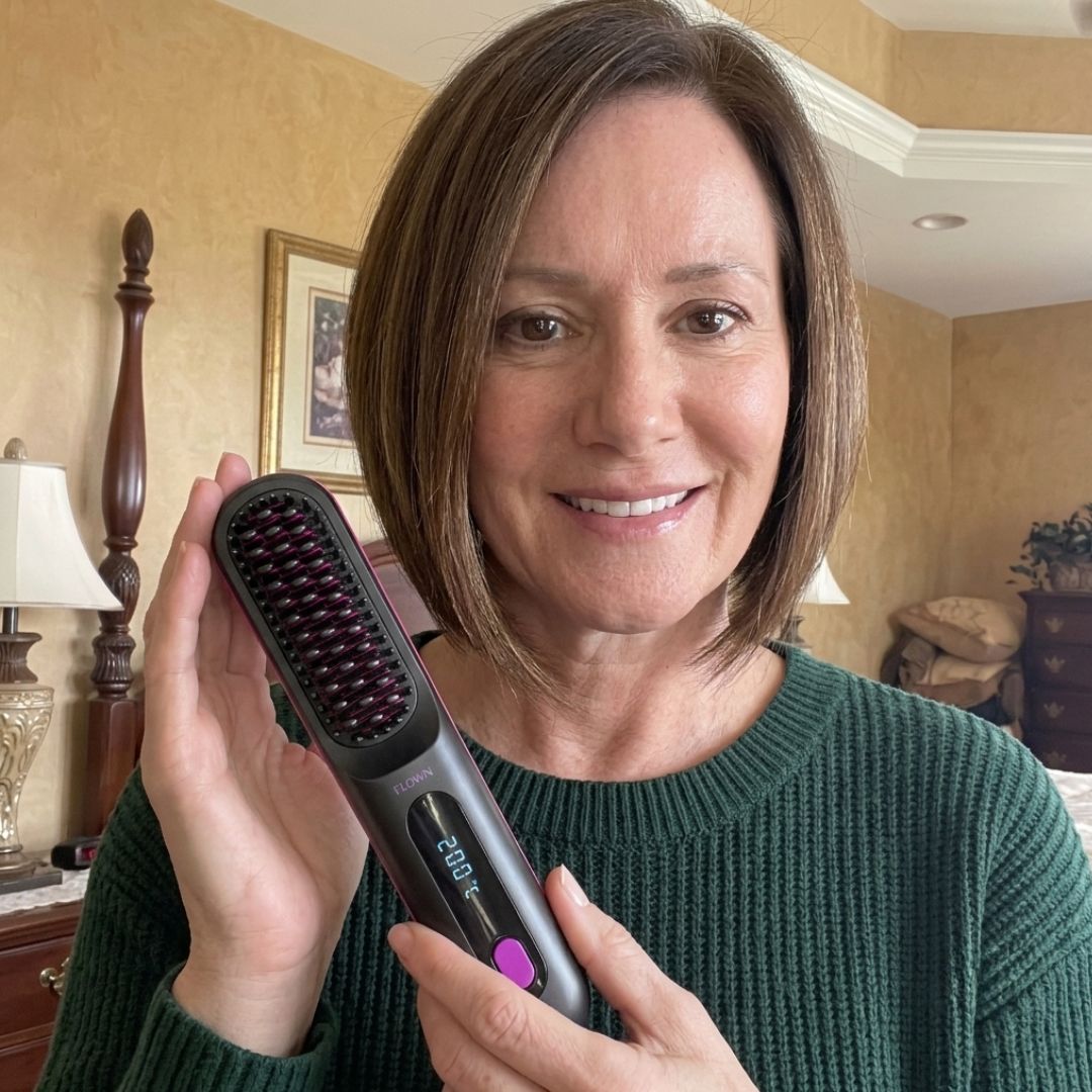 A smiling woman with short brown hair holds a black and purple heated hairbrush in a bedroom.