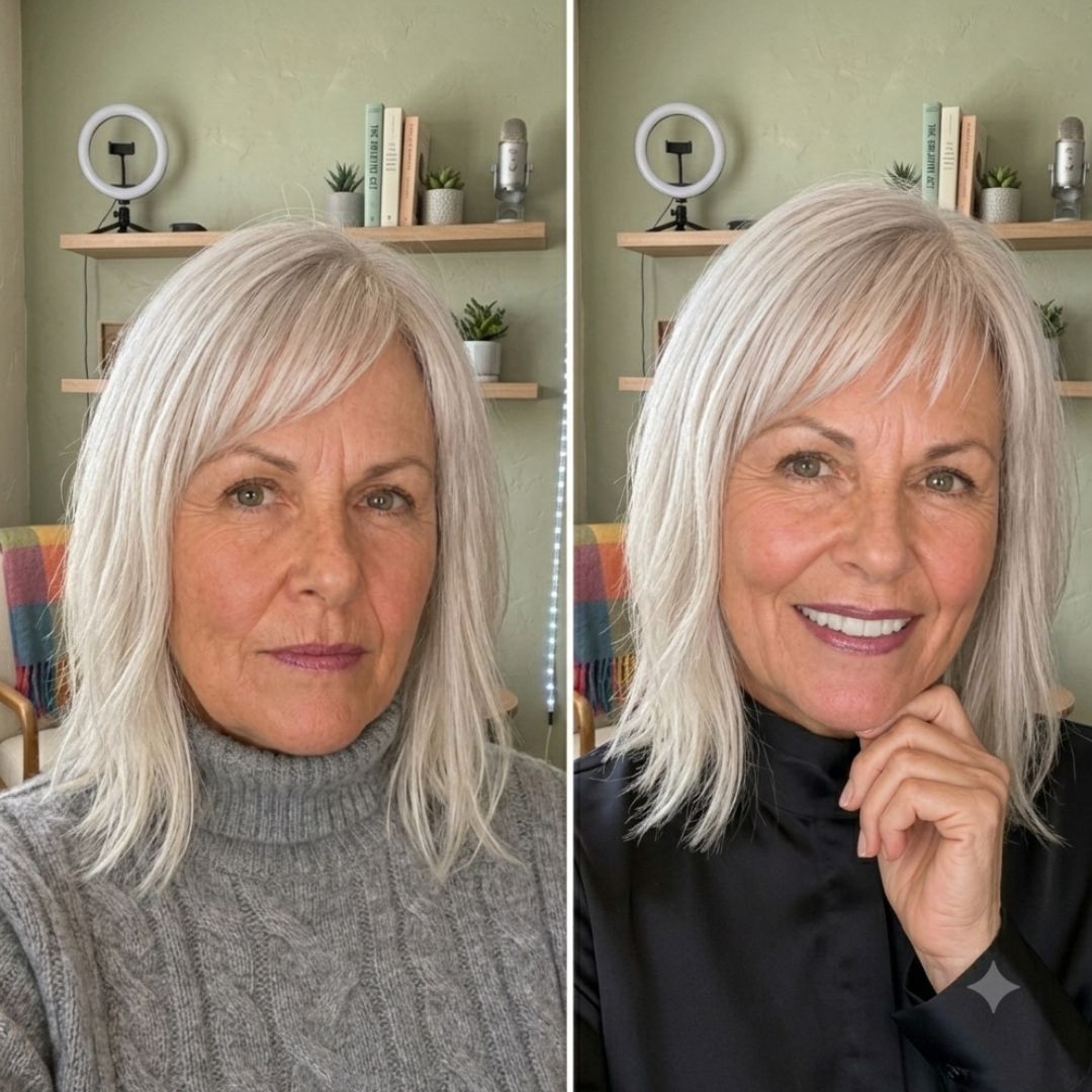 A side-by-side comparison of a woman with silver hair wearing two different outfits and expressions.