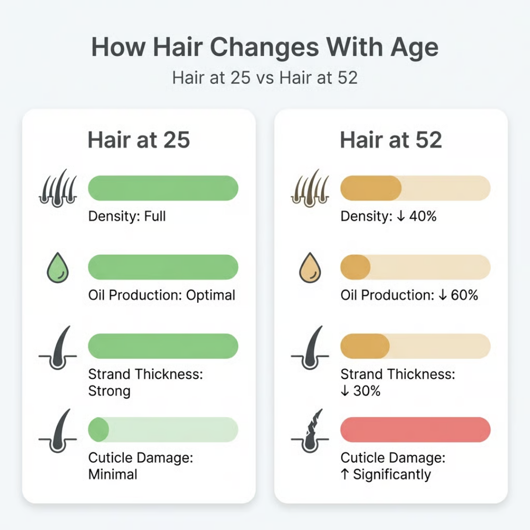 An infographic comparing hair characteristics at age 25 and 52, showing changes in density, oil, thickness, and damage.