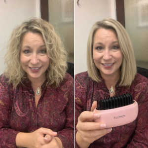 A before and after image of a woman with wavy hair and then straight hair holding a pink brush.