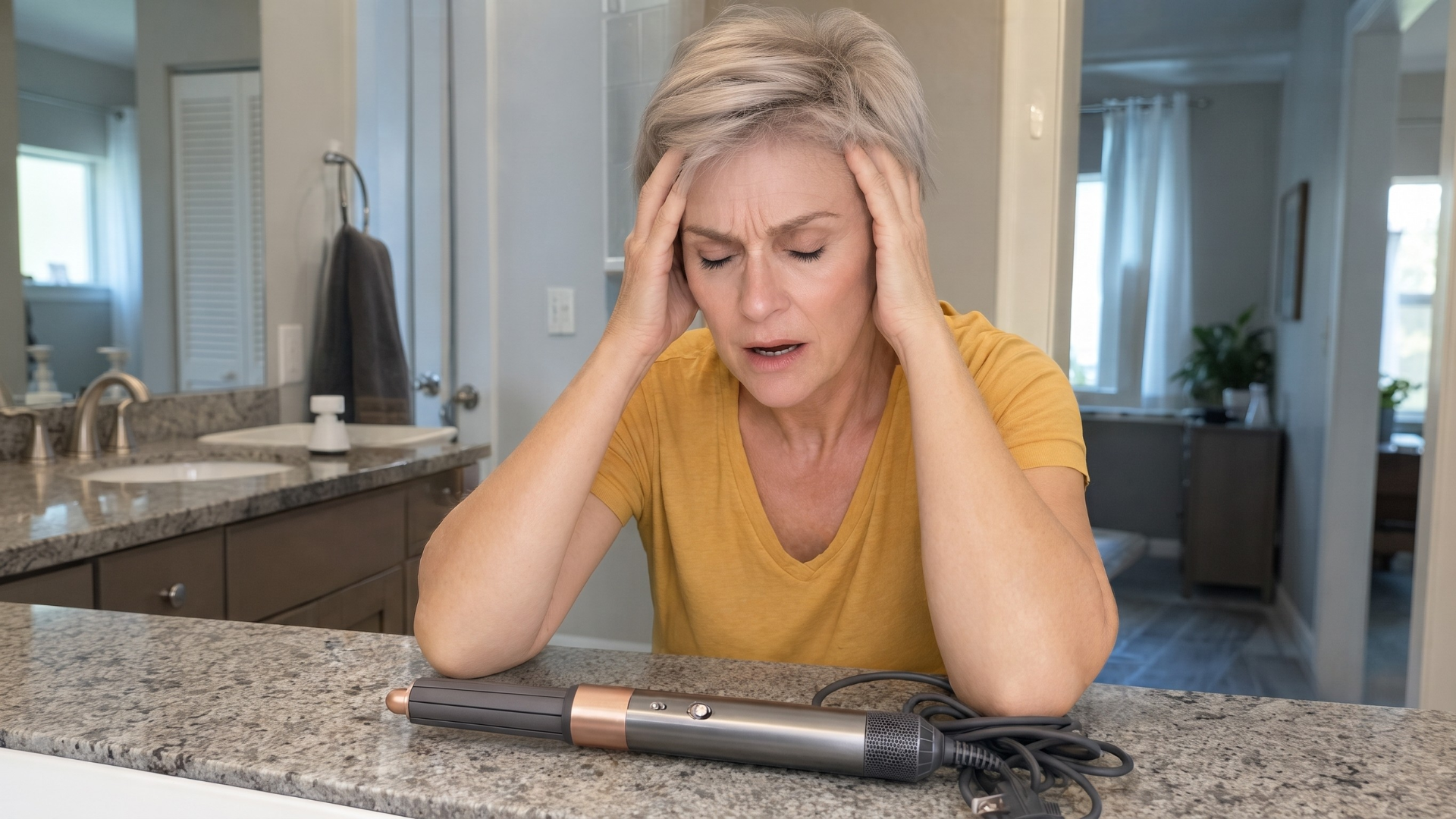 A woman with short hair looks stressed, holding her head at a bathroom counter with a hair styler.