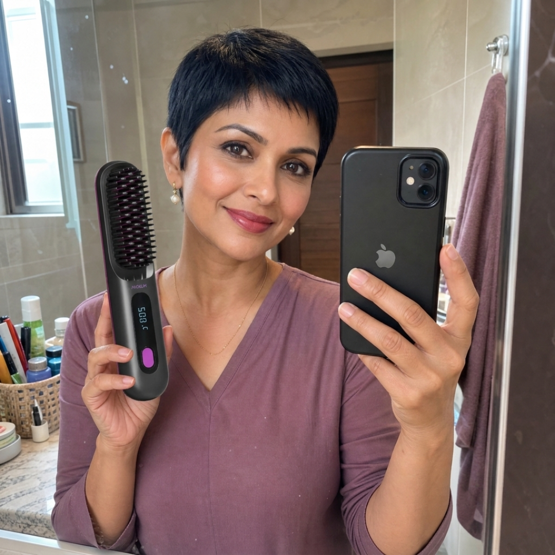 A woman with short dark hair takes a mirror selfie while holding a heated hair straightening brush.