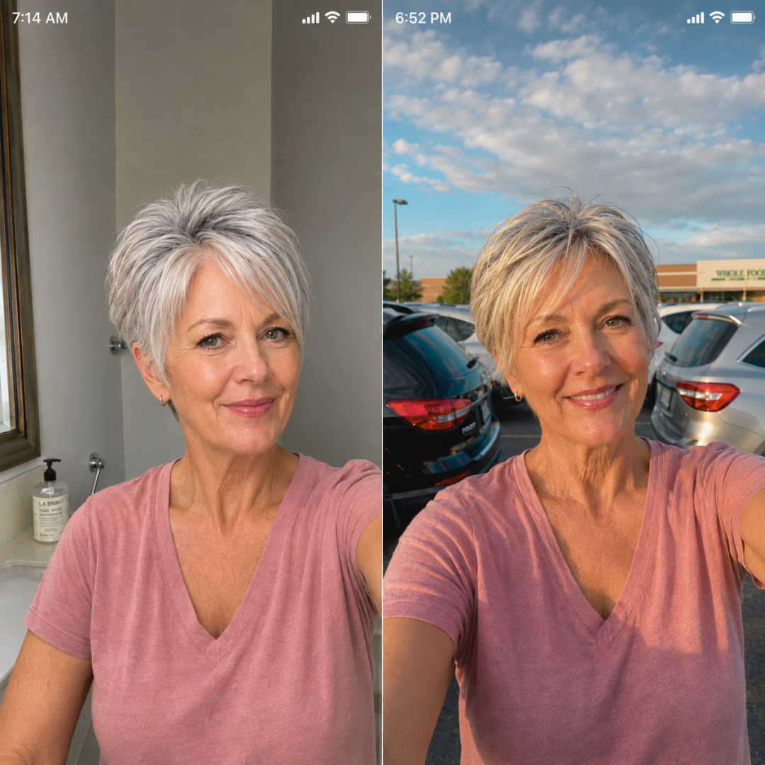 Side-by-side selfies of a woman with a gray pixie cut, one taken indoors and one outdoors.