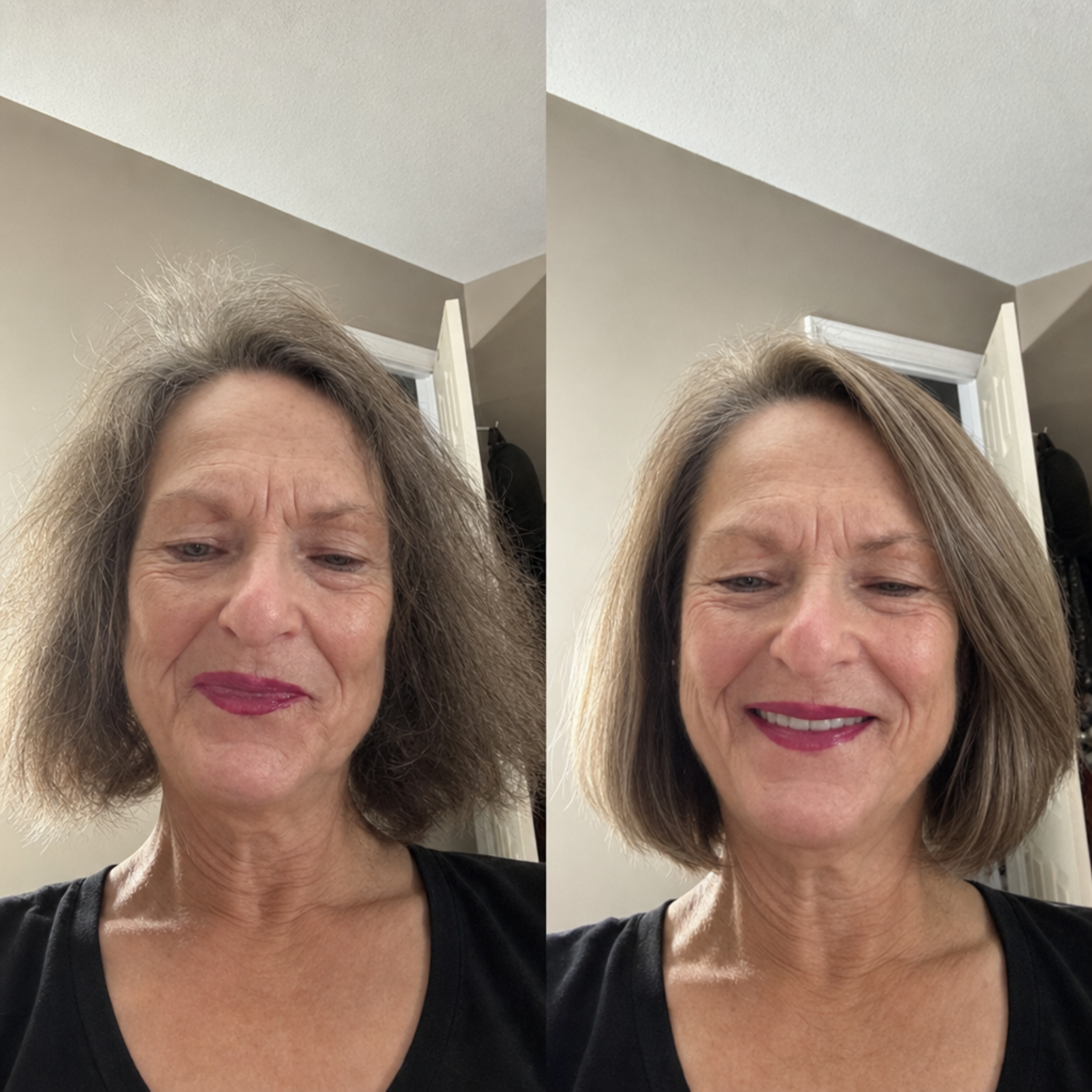 A side-by-side comparison of a woman's hair before and after styling, showing it go from frizzy to smooth.