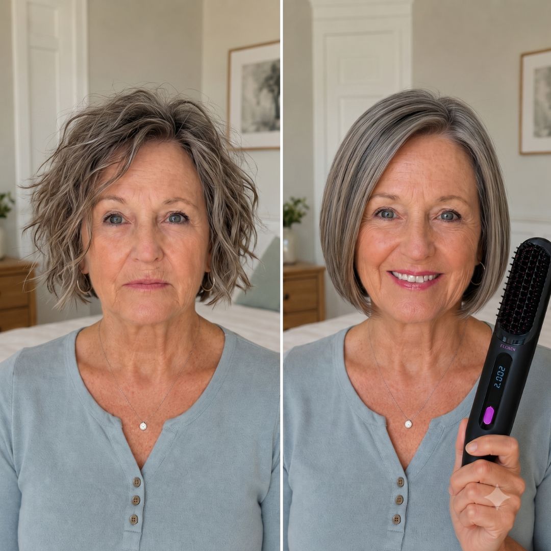 A split image shows a woman with wavy hair on the left and smooth hair on the right.