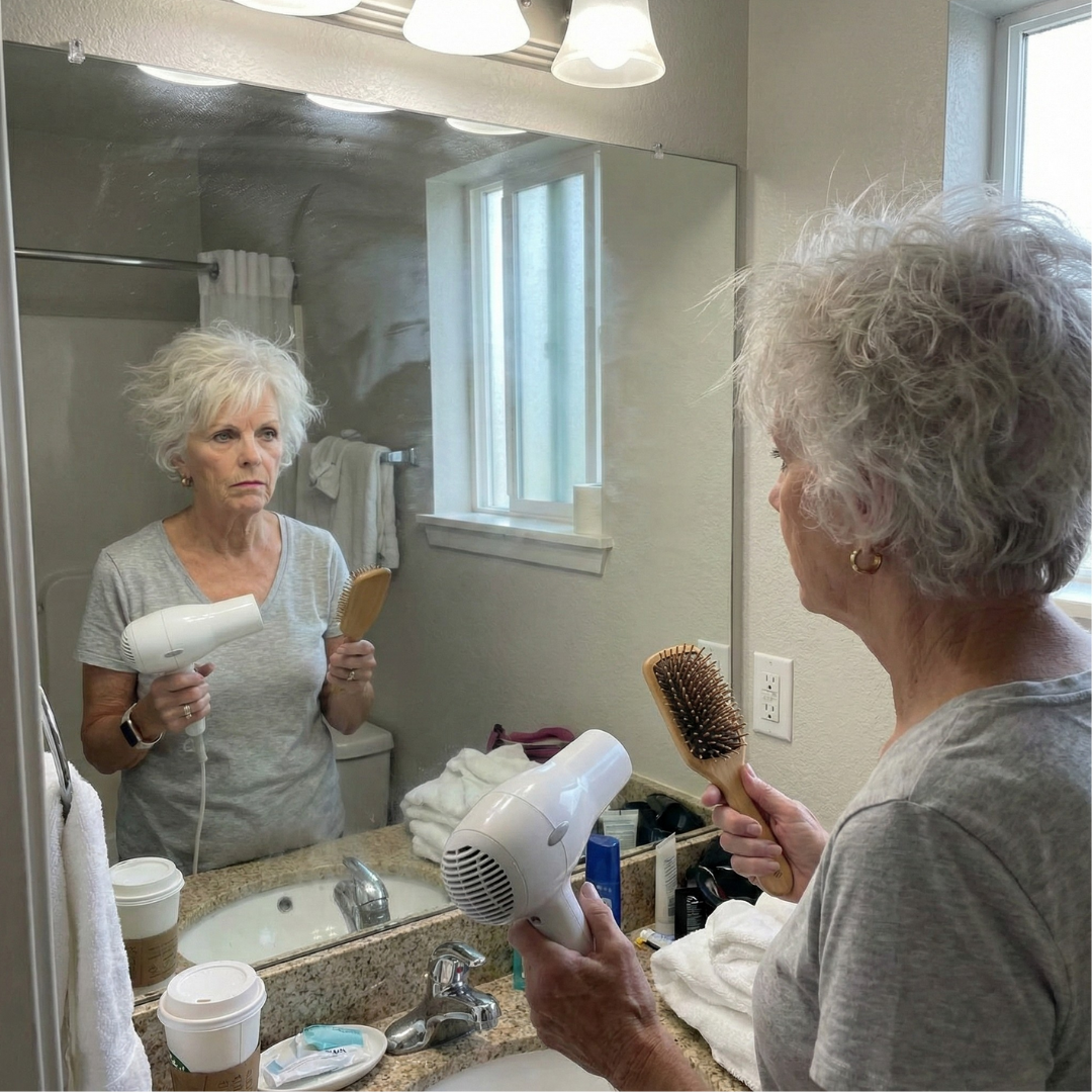 An older woman with messy white hair looks in the mirror holding a hairdryer and a brush.