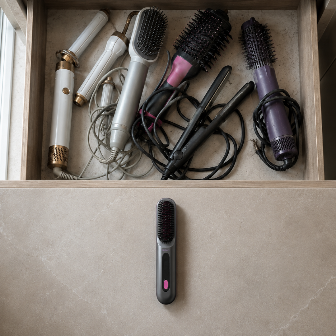 An open drawer with messy, corded hair styling tools and a single, sleek cordless brush on the front.