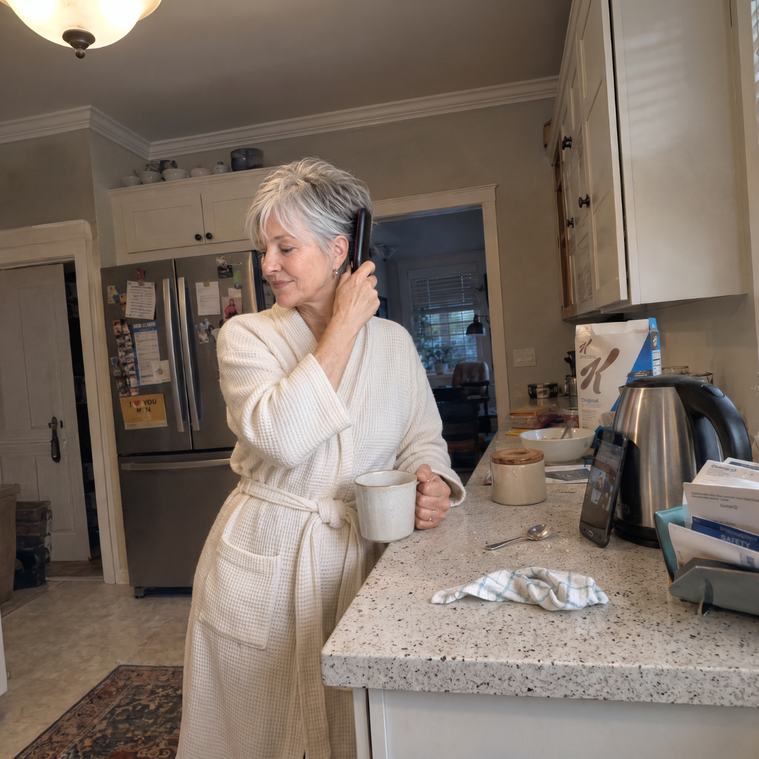 A woman in a white bathrobe stands in her kitchen brushing her hair while holding a mug.