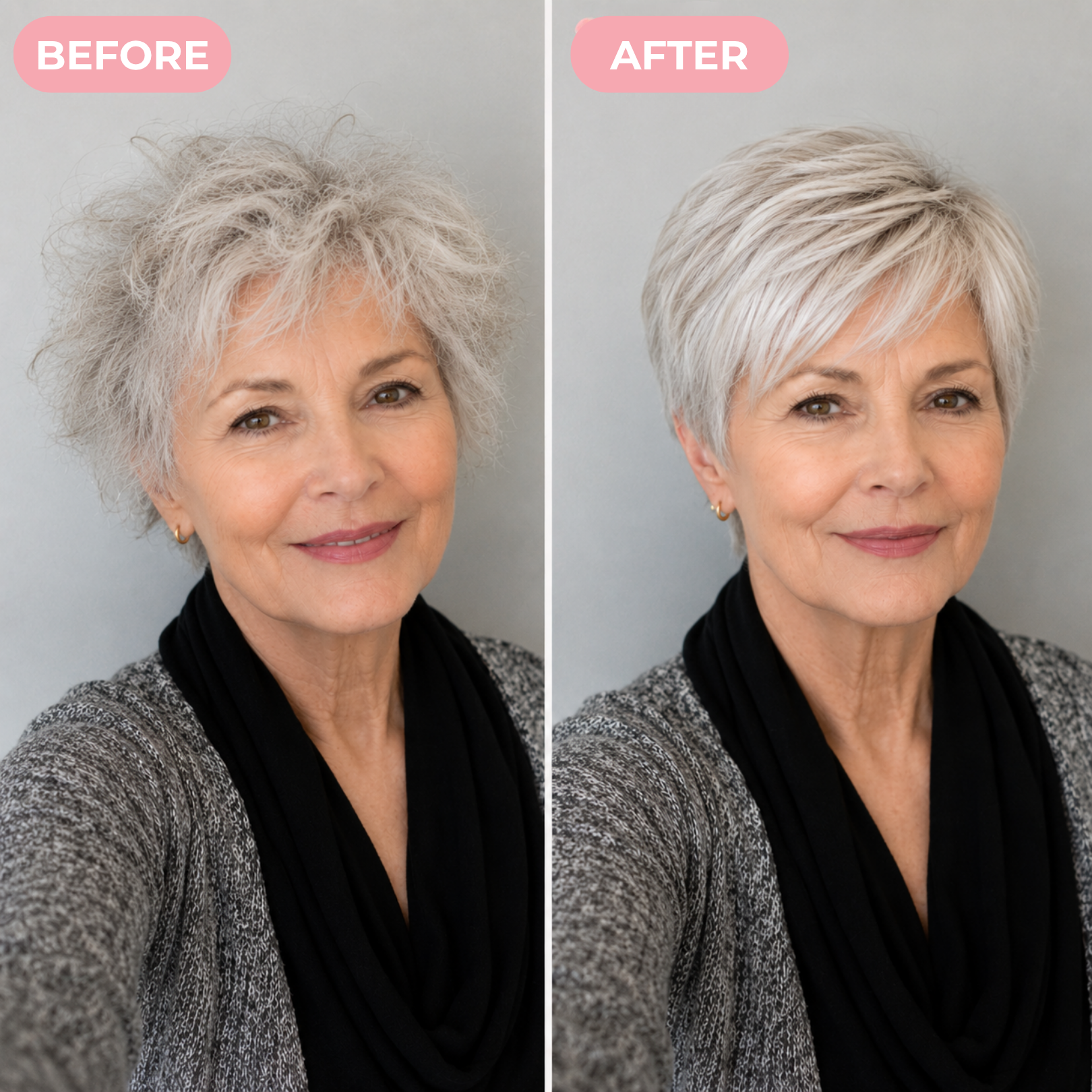 A before and after diptych of a woman with long gray hair, showing it styled wavy and then straight.