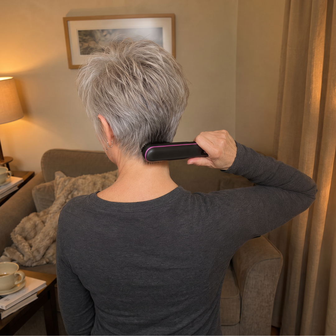 A woman with short gray hair uses a heated styling brush on the back of her neck.