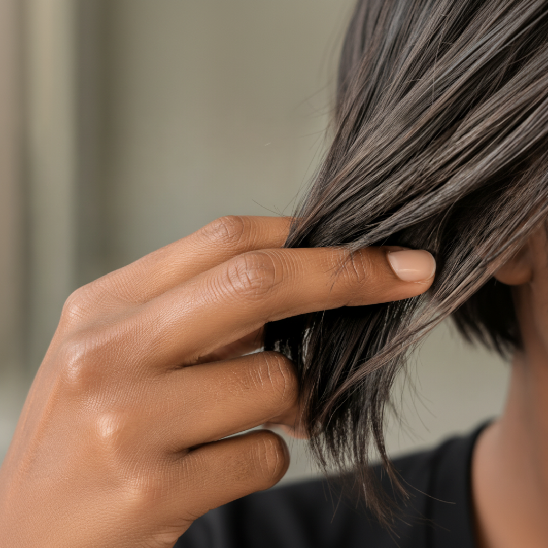 A close-up of a hand with light pink nails running through a section of dark, ashy hair.