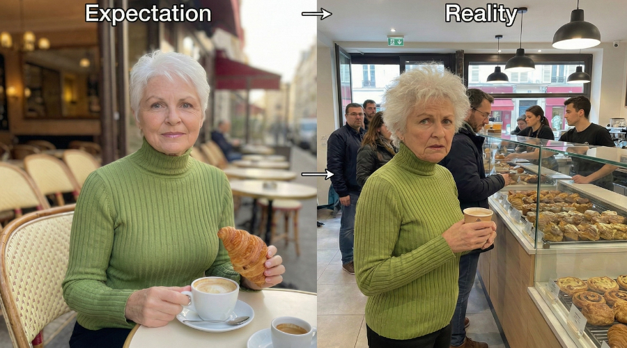 An 'Expectation vs. Reality' meme showing a woman at a calm café versus in a busy bakery line.